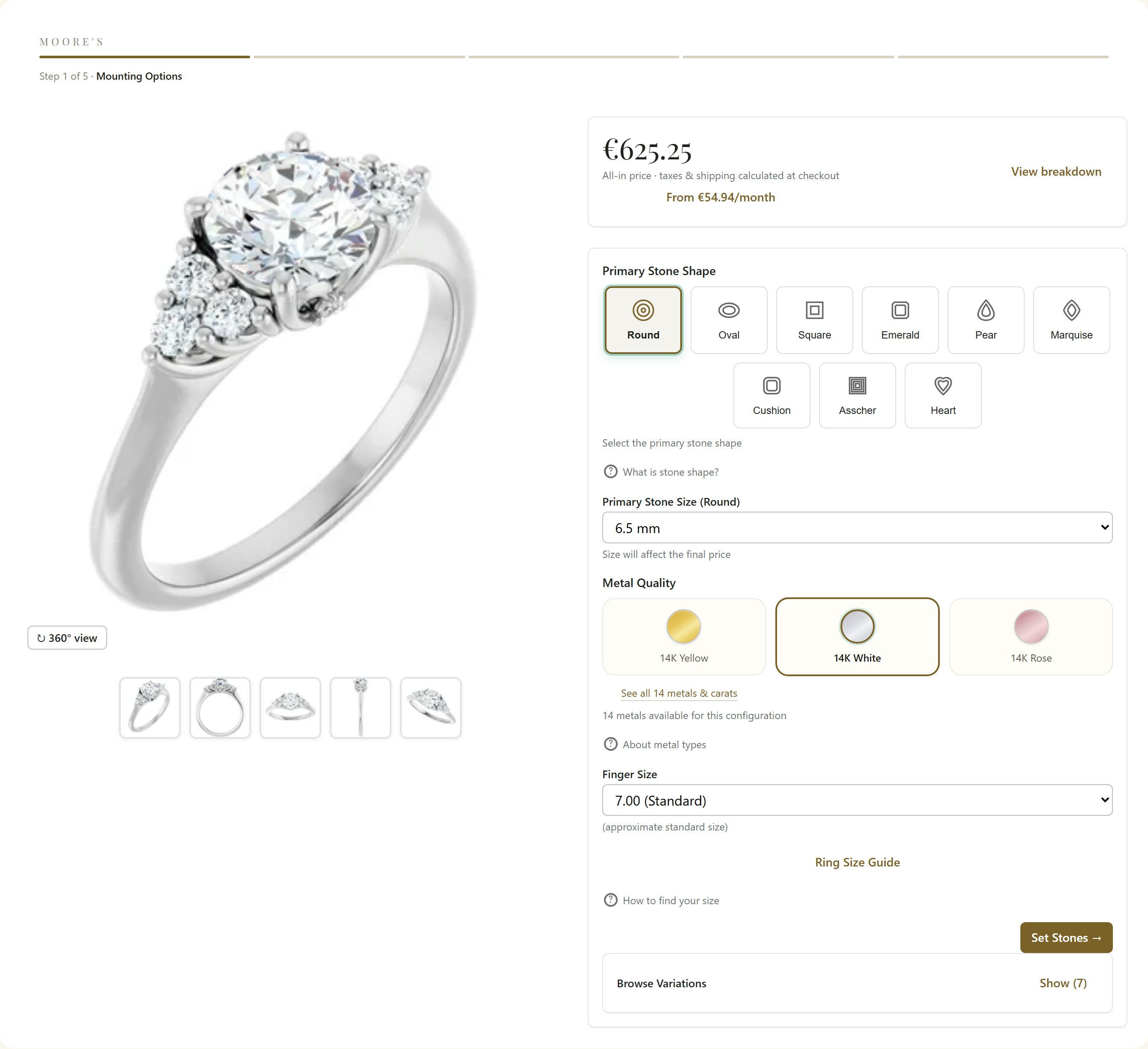 Round-cut white gold three-stone ring with the Round shape and 14K White metal selected and a €625.25 live price.