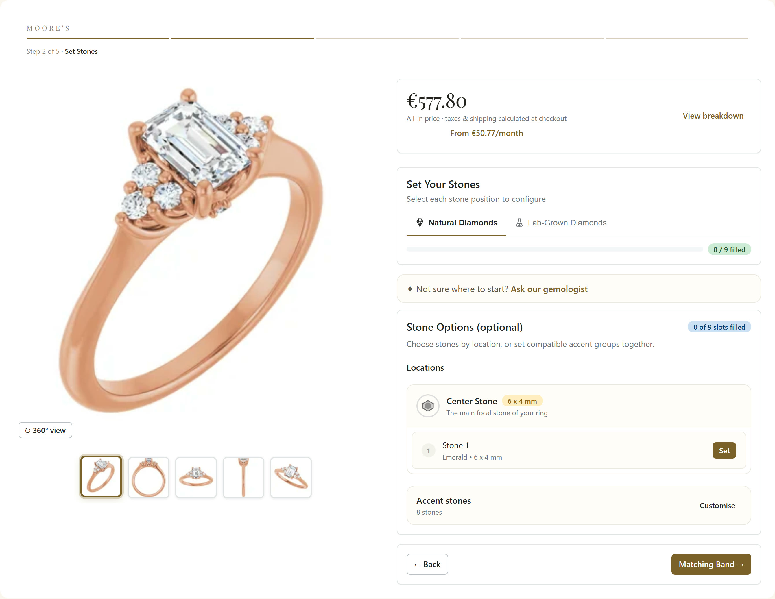 The Set Your Stones step showing center and accent stone locations with natural and lab-grown diamond options over a rose gold emerald-cut ring.